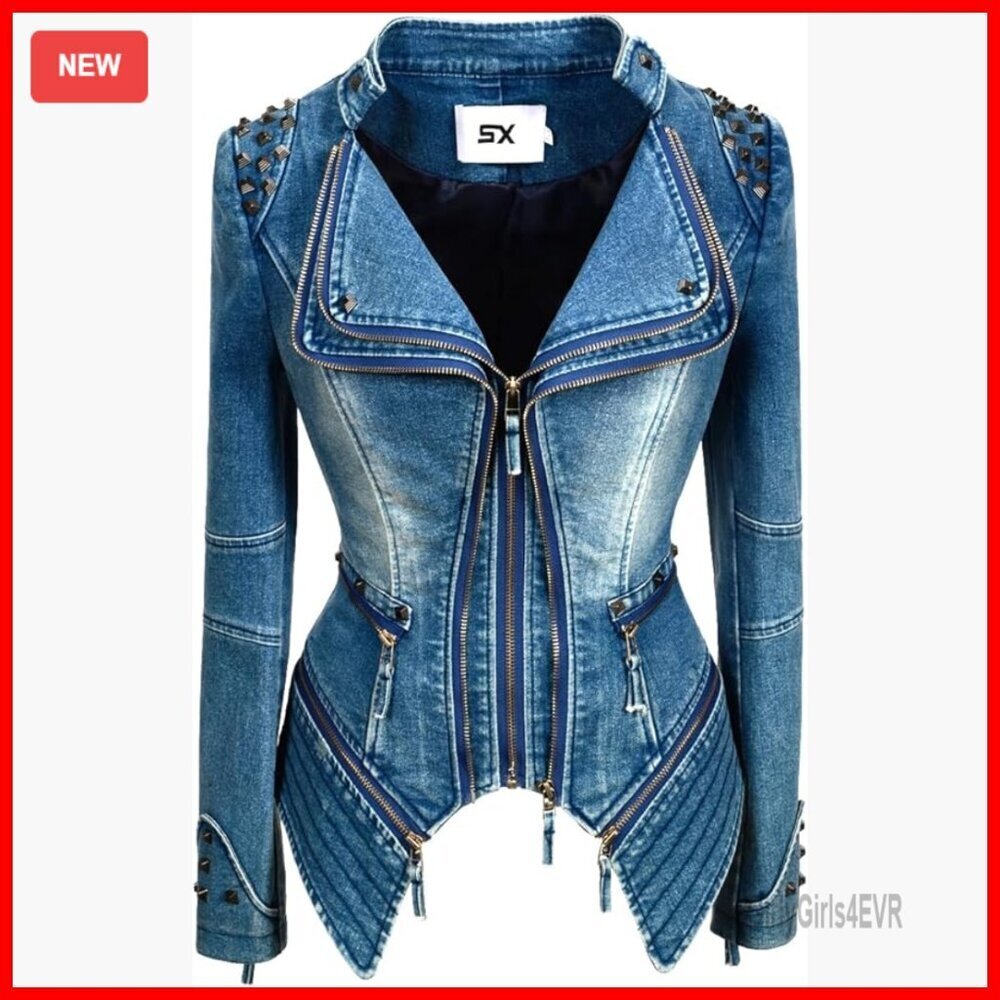 Women's Faux Leather Moto Jacket with Rivet Detail Double Zipper Closure
